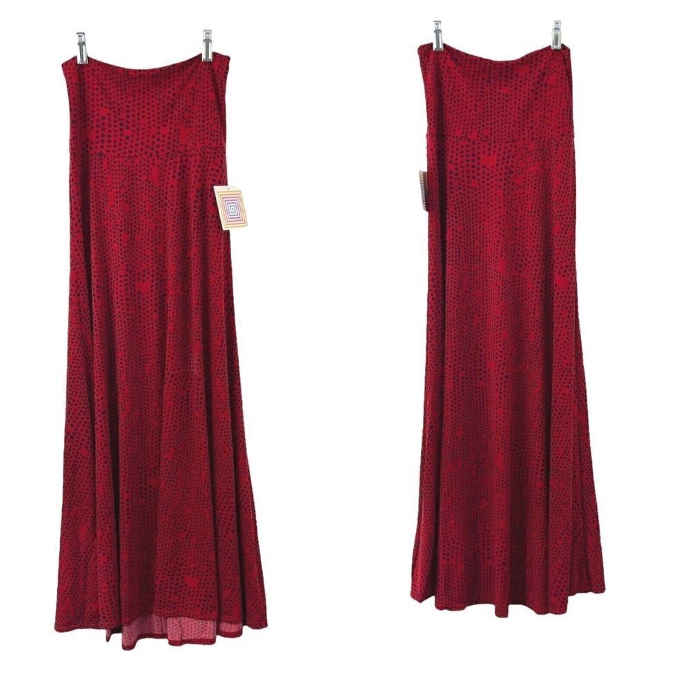 LuLaRoe Maxi Skirt Size XXS Long Red Blue Polka Dot‎   Print Stretchy Slinky